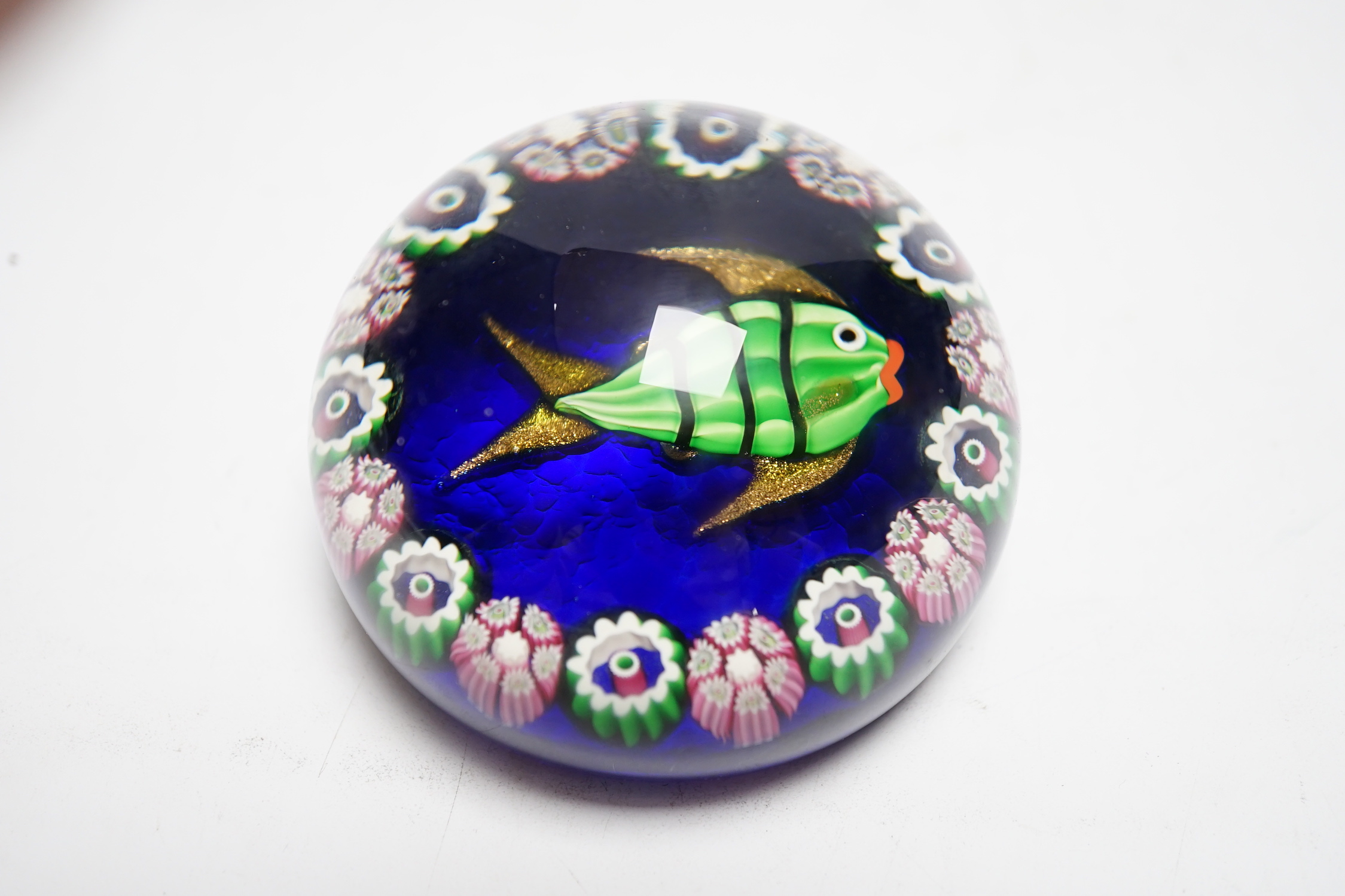 A Paul Ysart ‘green fish’ glass paperweight, post-war Moncrieff period, blue translucent ground, 7.5cm